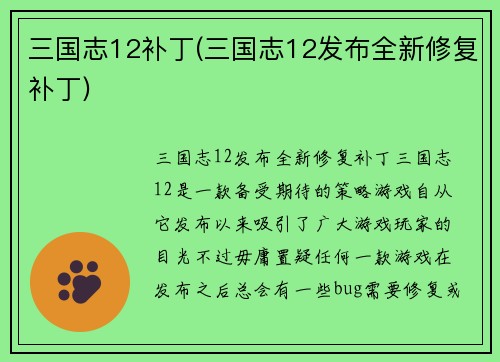 三国志12补丁(三国志12发布全新修复补丁)