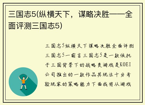三国志5(纵横天下,谋略决胜——全面评测三国志5)