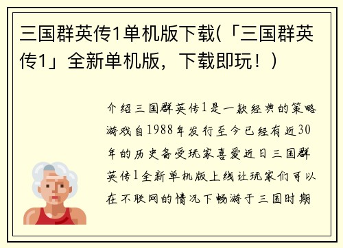 三国群英传1单机版下载(「三国群英传1」全新单机版,下载即玩!)